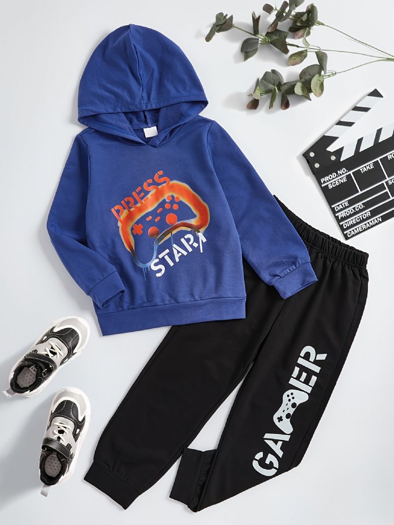 2stk Børne Drenge Hættetrøje Game Element Print Langærmet Sweatshirt Og Bukser Børnetøj