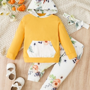 3 Stk Babypiger Hættetrøje Blomsterprint Langærmet Trøje Sweatshirt & Bukser & Pandebånd Børnetøjssæt