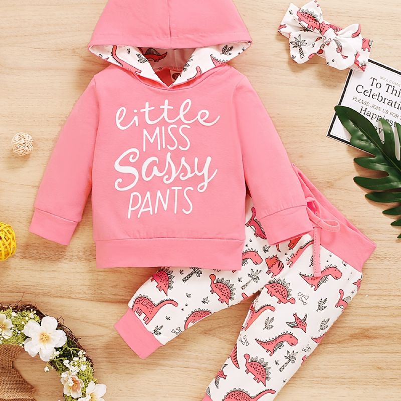 3 Stk Piger Pink Letter Print Langærmet Hættetrøje Top Sød Dinosaur Elastiske Taljebukser Med Pandebånd Sæt Tøj