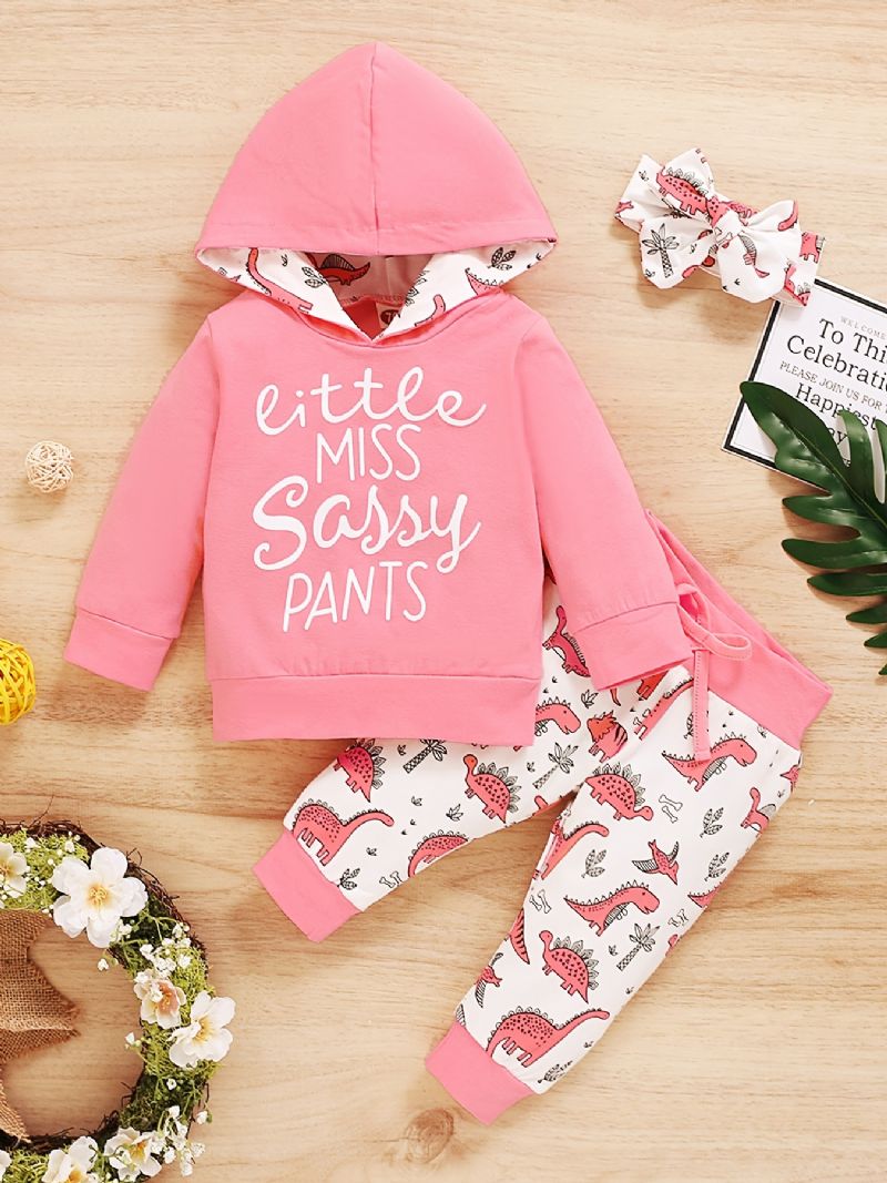 3 Stk Piger Pink Letter Print Langærmet Hættetrøje Top Sød Dinosaur Elastiske Taljebukser Med Pandebånd Sæt Tøj