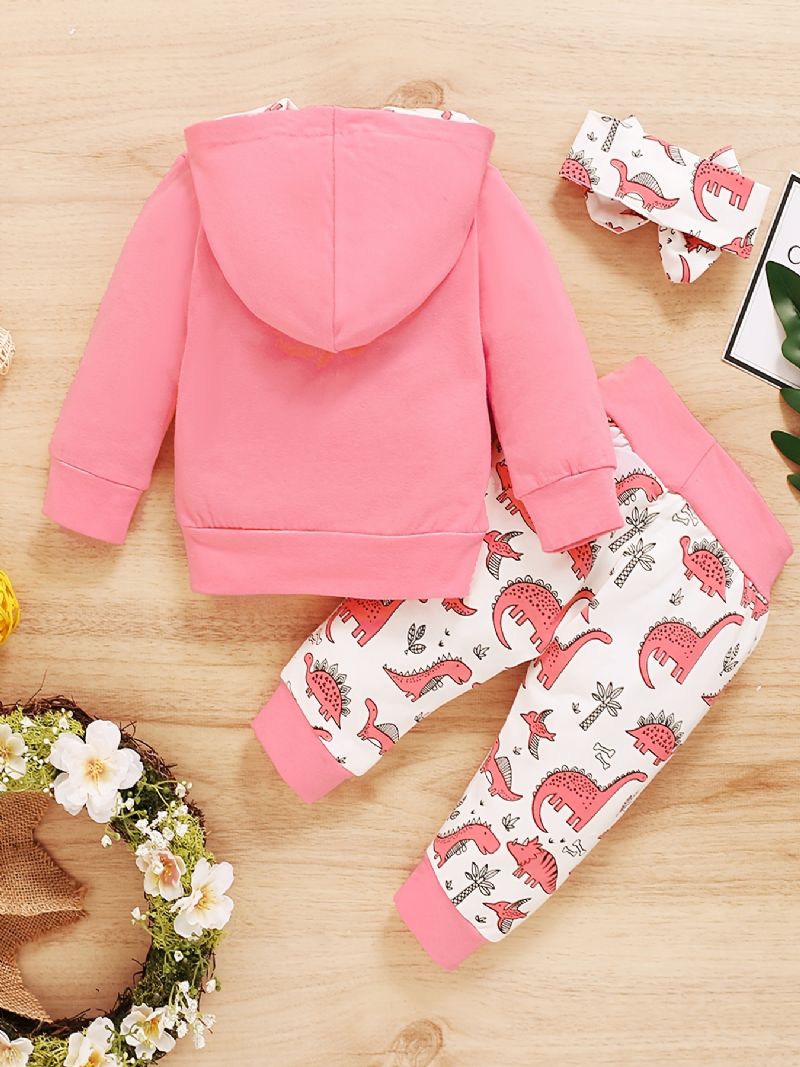 3 Stk Piger Pink Letter Print Langærmet Hættetrøje Top Sød Dinosaur Elastiske Taljebukser Med Pandebånd Sæt Tøj