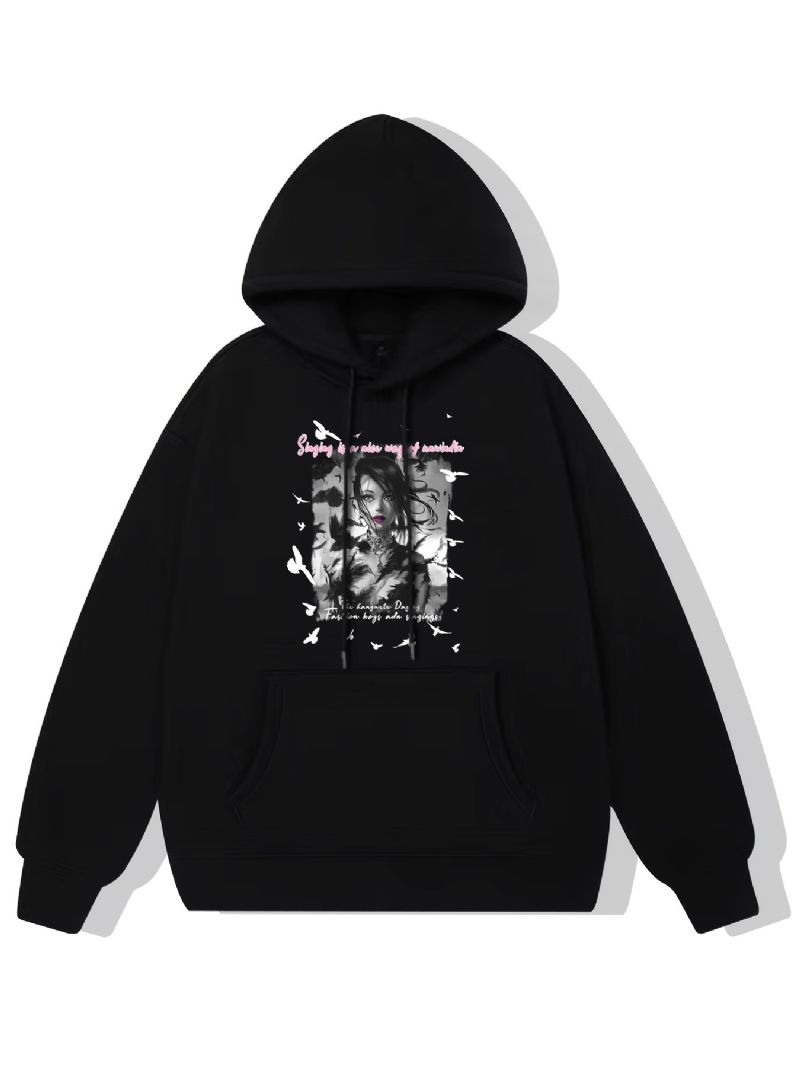 Anime Pige Print Hættetrøje Fleece Pullover Snøre Kængurulomme Aktiv Unisex Sweatshirt