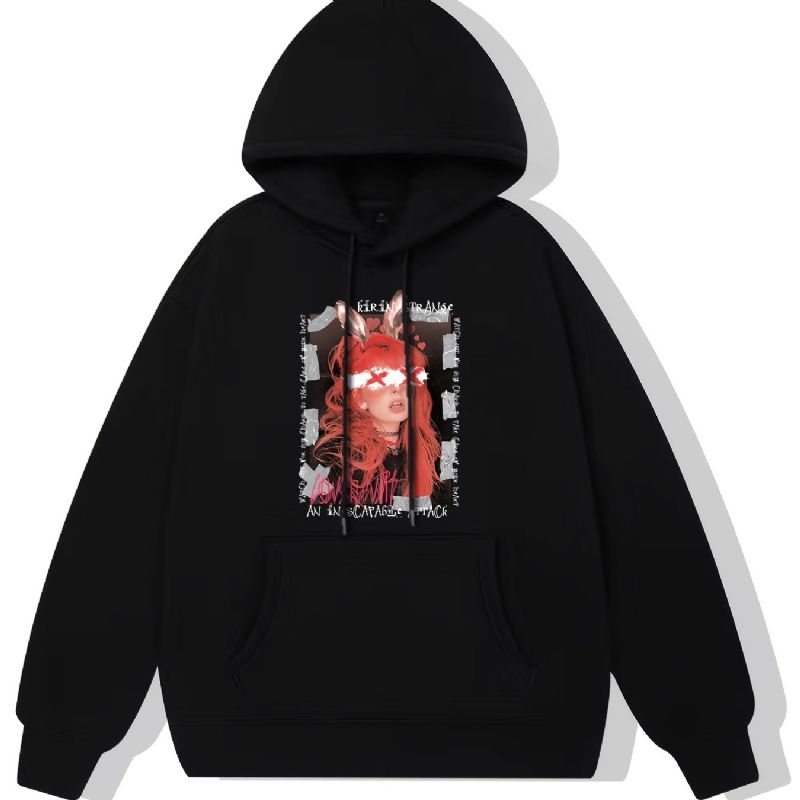Anime Pige Print Hættetrøje Fleece Pullover Snøre Kængurulomme Aktiv Unisex Sweatshirt