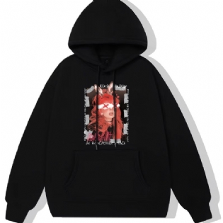 Anime Pige Print Hættetrøje Fleece Pullover Snøre Kængurulomme Aktiv Unisex Sweatshirt