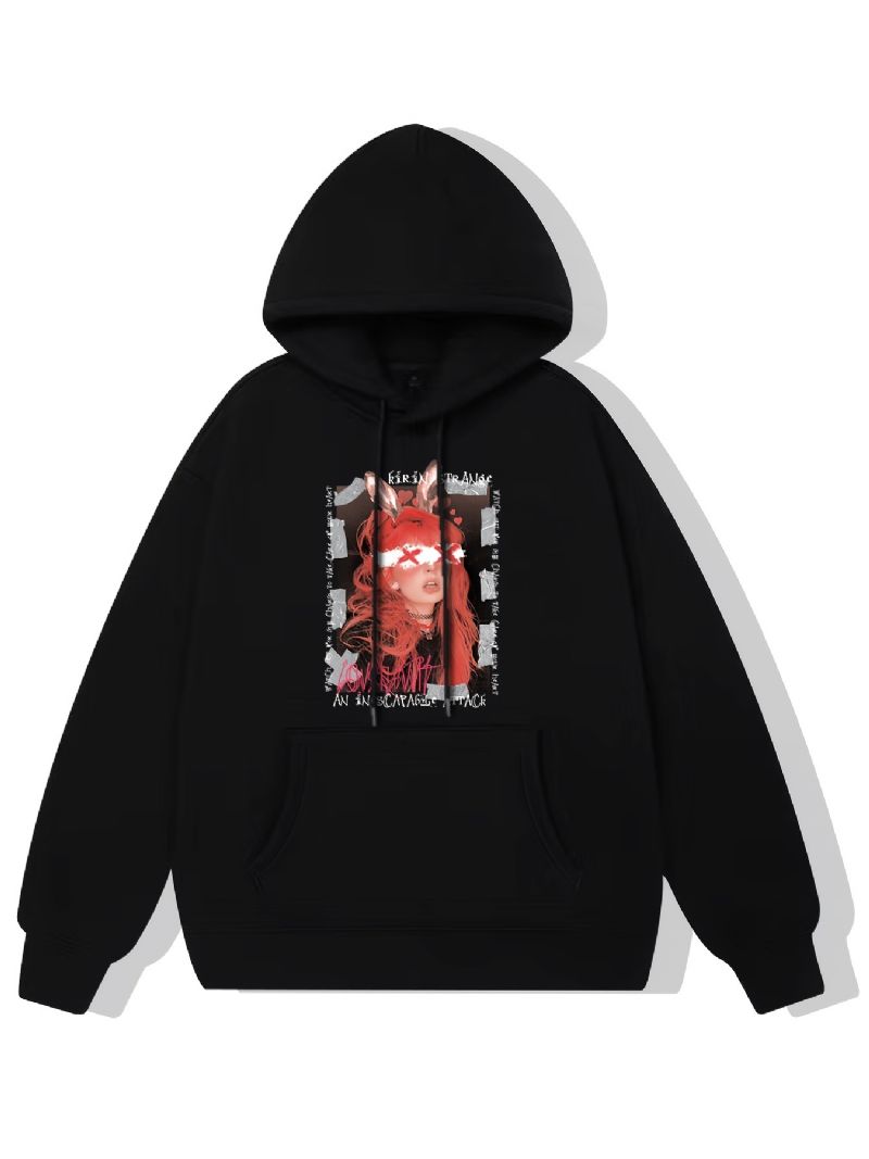 Anime Pige Print Hættetrøje Fleece Pullover Snøre Kængurulomme Aktiv Unisex Sweatshirt