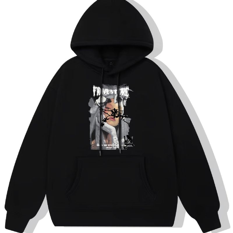 Anime Pige Print Hættetrøje Fleece Pullover Snøre Kængurulomme Aktiv Unisex Sweatshirt