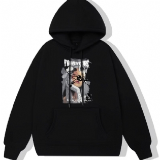 Anime Pige Print Hættetrøje Fleece Pullover Snøre Kængurulomme Aktiv Unisex Sweatshirt