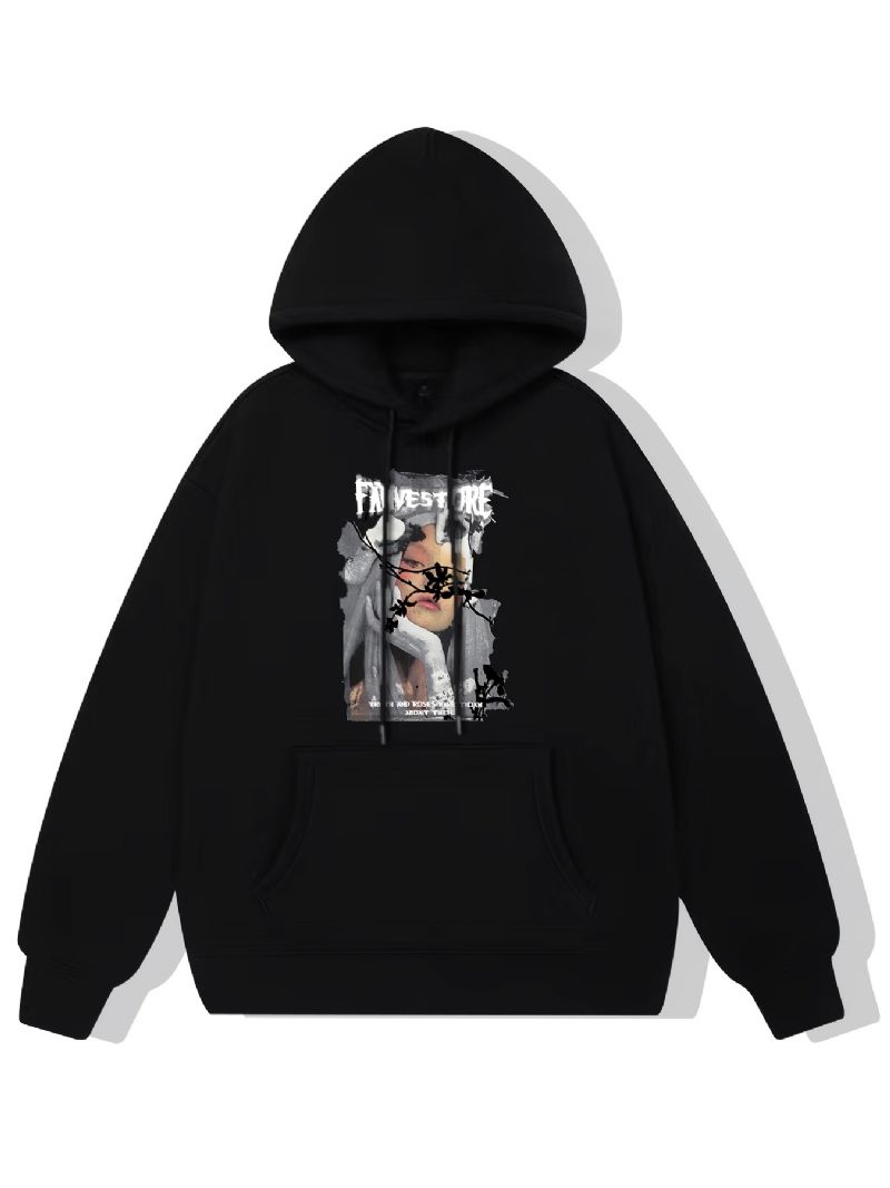 Anime Pige Print Hættetrøje Fleece Pullover Snøre Kængurulomme Aktiv Unisex Sweatshirt