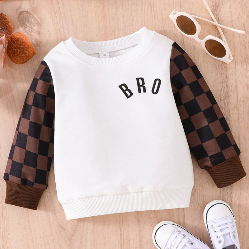 Baby Drenge Casual Colorblock Plaid Letter Print Rundhals Langærmet Sweatshirt Efterår Vinter