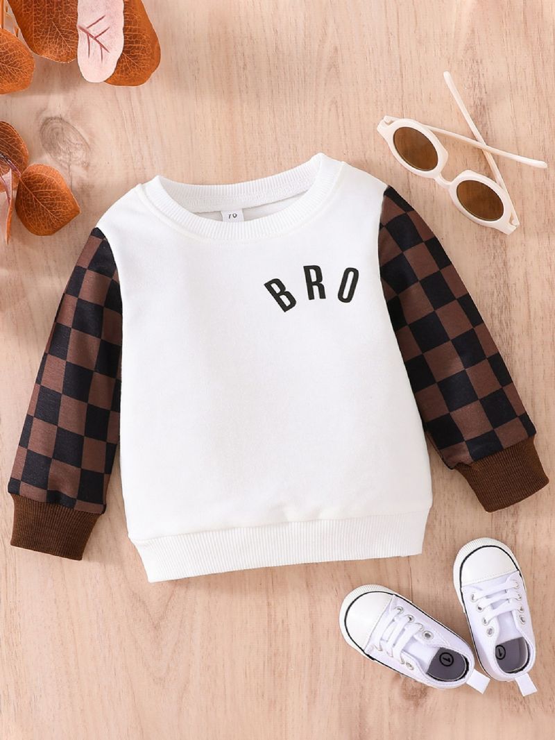 Baby Drenge Casual Colorblock Plaid Letter Print Rundhals Langærmet Sweatshirt Efterår Vinter