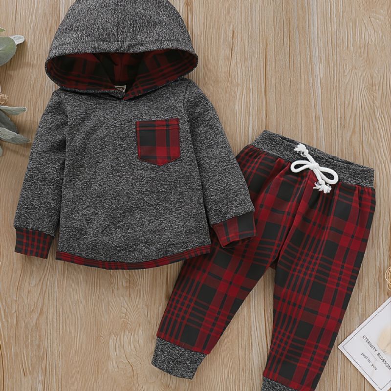 Baby Drenge Color Block Plaid Hættetrøje & Snøre Joggingbukser Til Vinterrød