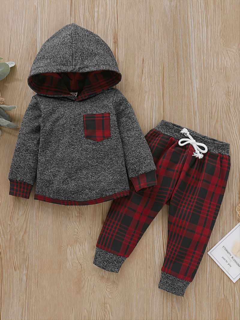 Baby Drenge Color Block Plaid Hættetrøje & Snøre Joggingbukser Til Vinterrød