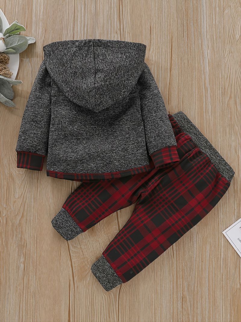 Baby Drenge Color Block Plaid Hættetrøje & Snøre Joggingbukser Til Vinterrød