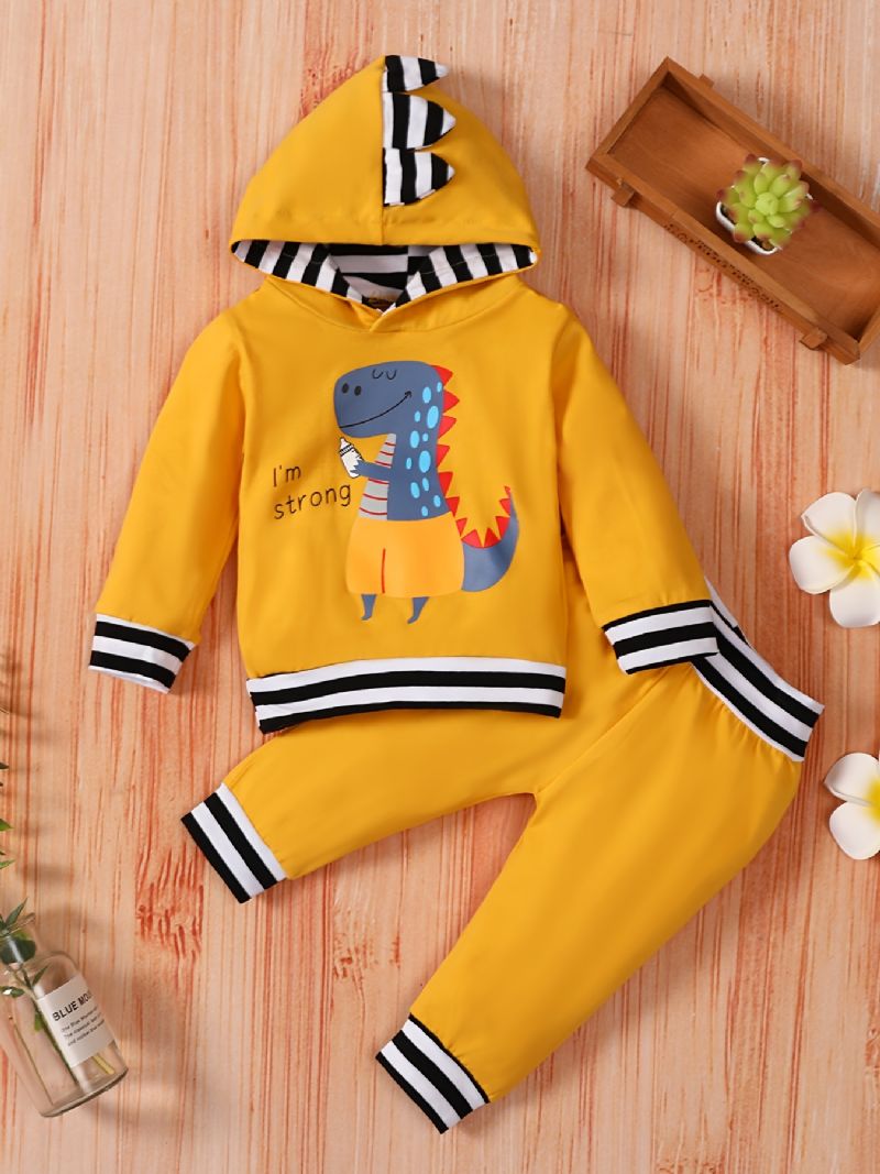 Baby Drenge Dinosaur Print Langærmet Hættetrøje Sweatshirt & Bukser Sæt