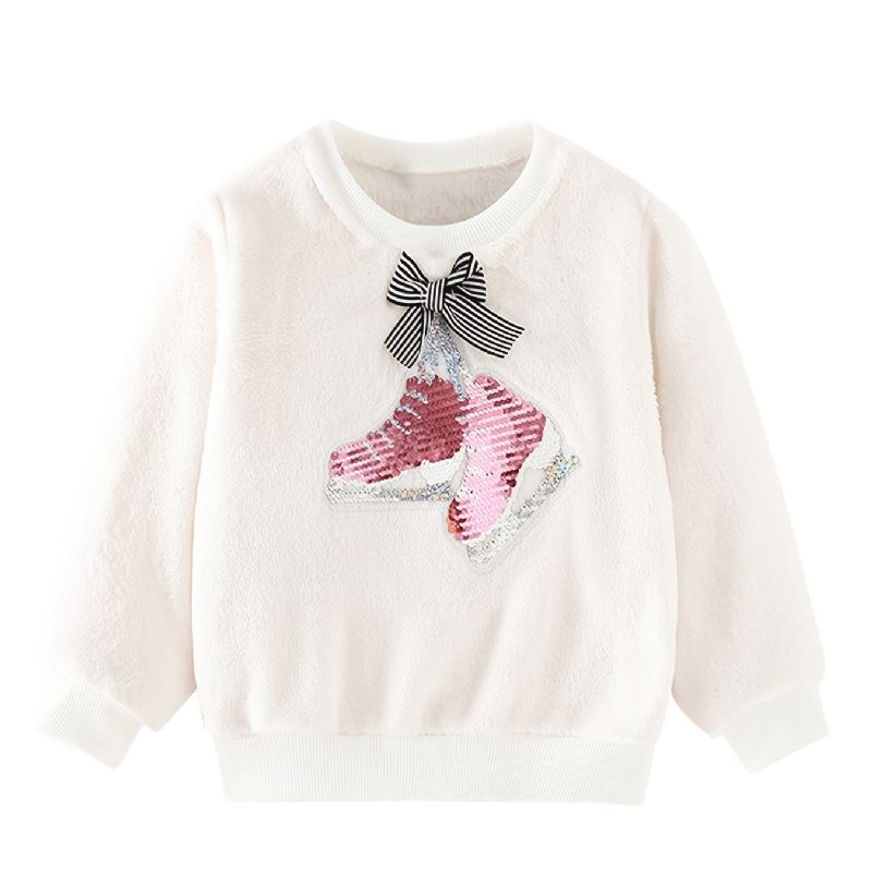 Baby Piger Pullover Sko Pailletter Sløjfe Decor Velvet Rund Hals Sweatshirt