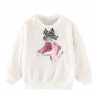 Baby Piger Pullover Sko Pailletter Sløjfe Decor Velvet Rund Hals Sweatshirt