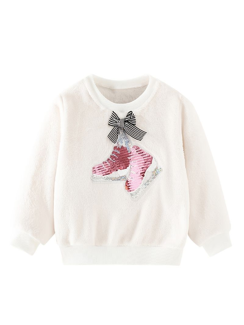 Baby Piger Pullover Sko Pailletter Sløjfe Decor Velvet Rund Hals Sweatshirt