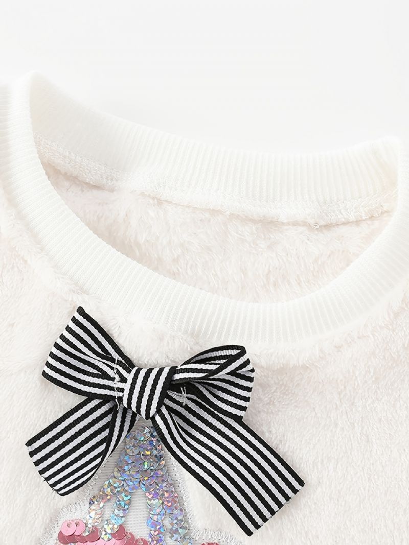 Baby Piger Pullover Sko Pailletter Sløjfe Decor Velvet Rund Hals Sweatshirt