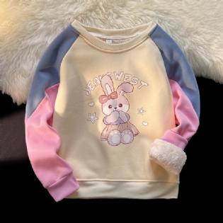 Babypiger Plys Varm Pullover Kanin Grafisk Rund Hals Langærmet Farveblok Sweatshirt Vinter Børnetøj