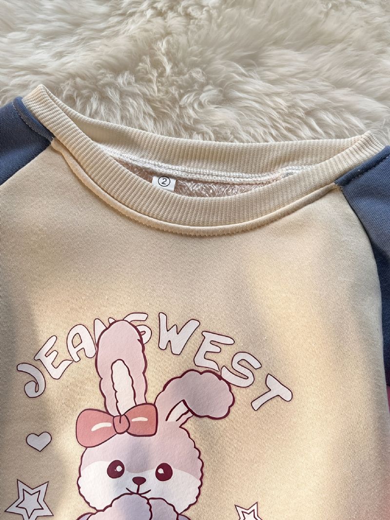 Babypiger Plys Varm Pullover Kanin Grafisk Rund Hals Langærmet Farveblok Sweatshirt Vinter Børnetøj