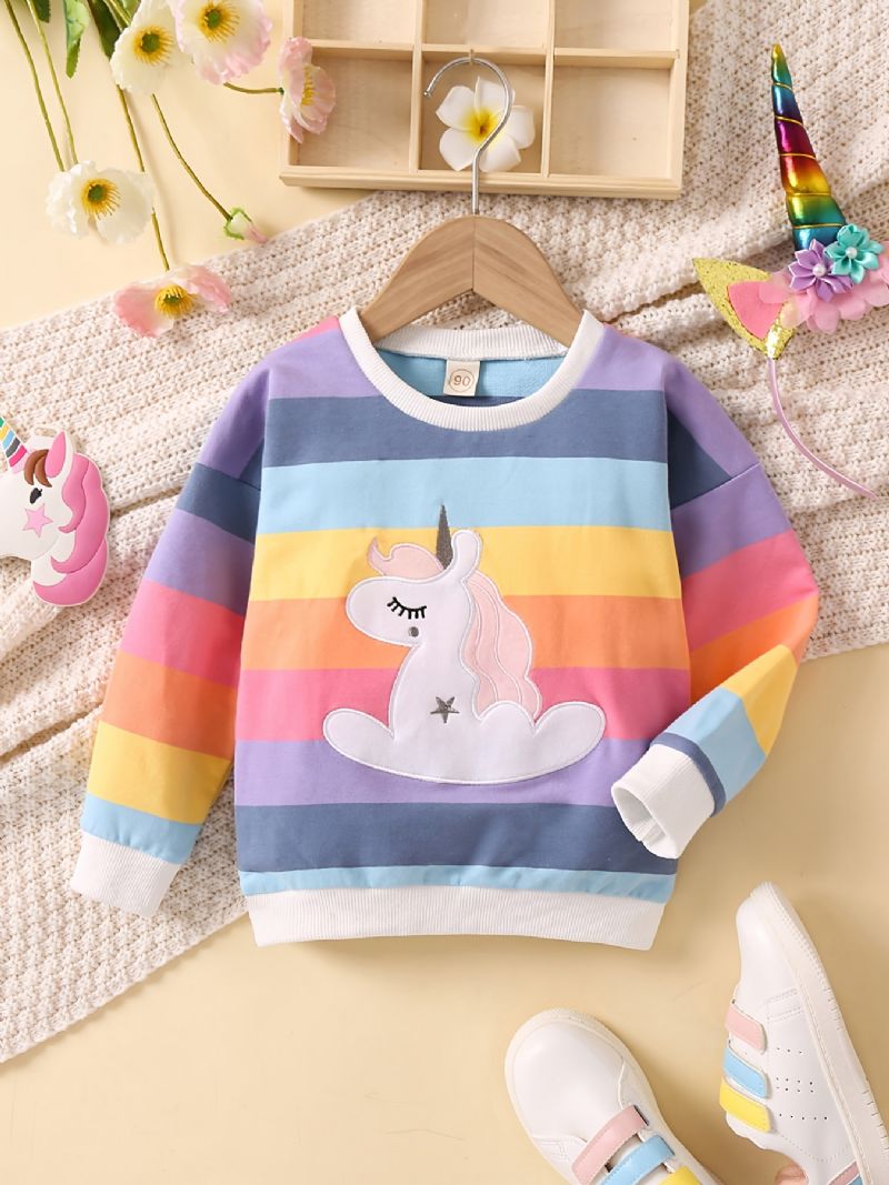Babypiger Pullover Regnbuestribet Enhjørning Broderet Rundhals Langærmet Sweatshirt Overdele Børnetøj