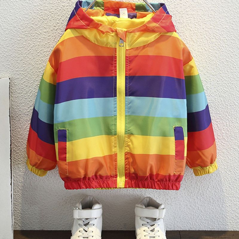 Børn Baby Drenge & Piger Regnbuestribet Langærmet Sweatshirt Med Lynlås Og Hætte