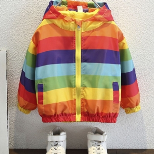 Børn Baby Drenge & Piger Regnbuestribet Langærmet Sweatshirt Med Lynlås Og Hætte