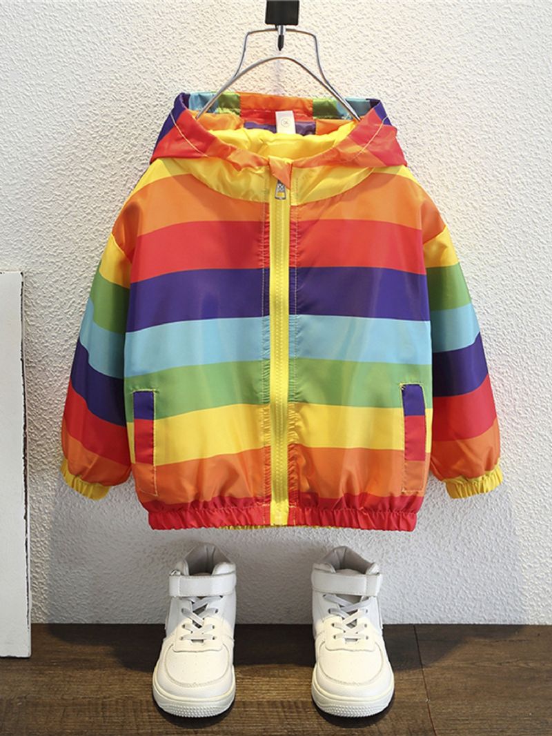 Børn Baby Drenge & Piger Regnbuestribet Langærmet Sweatshirt Med Lynlås Og Hætte