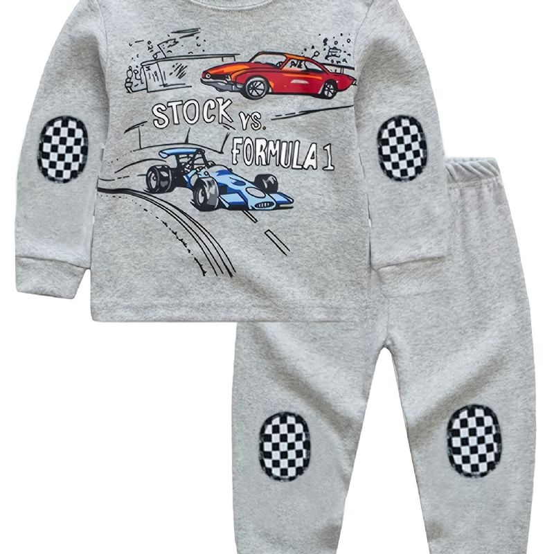 Børn Drenge Pyjamas Cartoon Car Print Plaidsting Rundhals Langærmet Top & Buksesæt