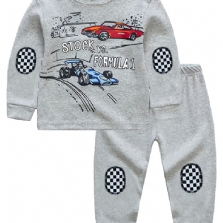 Børn Drenge Pyjamas Cartoon Car Print Plaidsting Rundhals Langærmet Top & Buksesæt