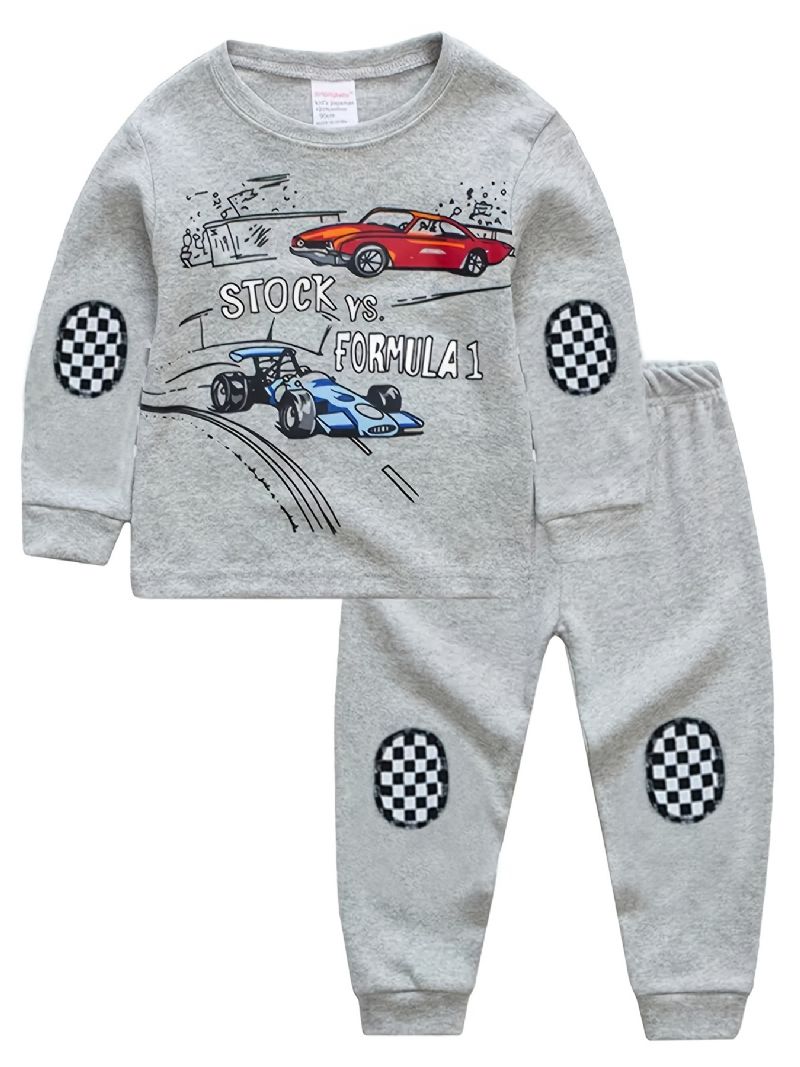 Børn Drenge Pyjamas Cartoon Car Print Plaidsting Rundhals Langærmet Top & Buksesæt