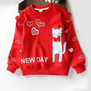 Børnepiger Cat Heart Print Pullover Rundhals Langærmet Sweatshirt Børnetøj