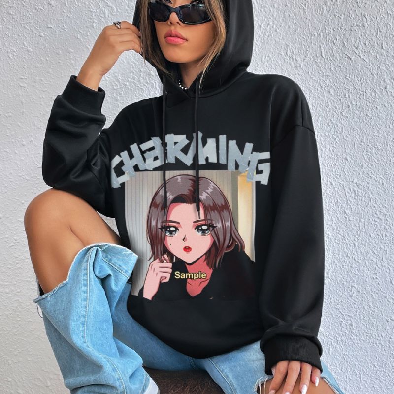 Damesweatshirt Casual Hooded Anime Piger Print Mode Løs Hættetrøje