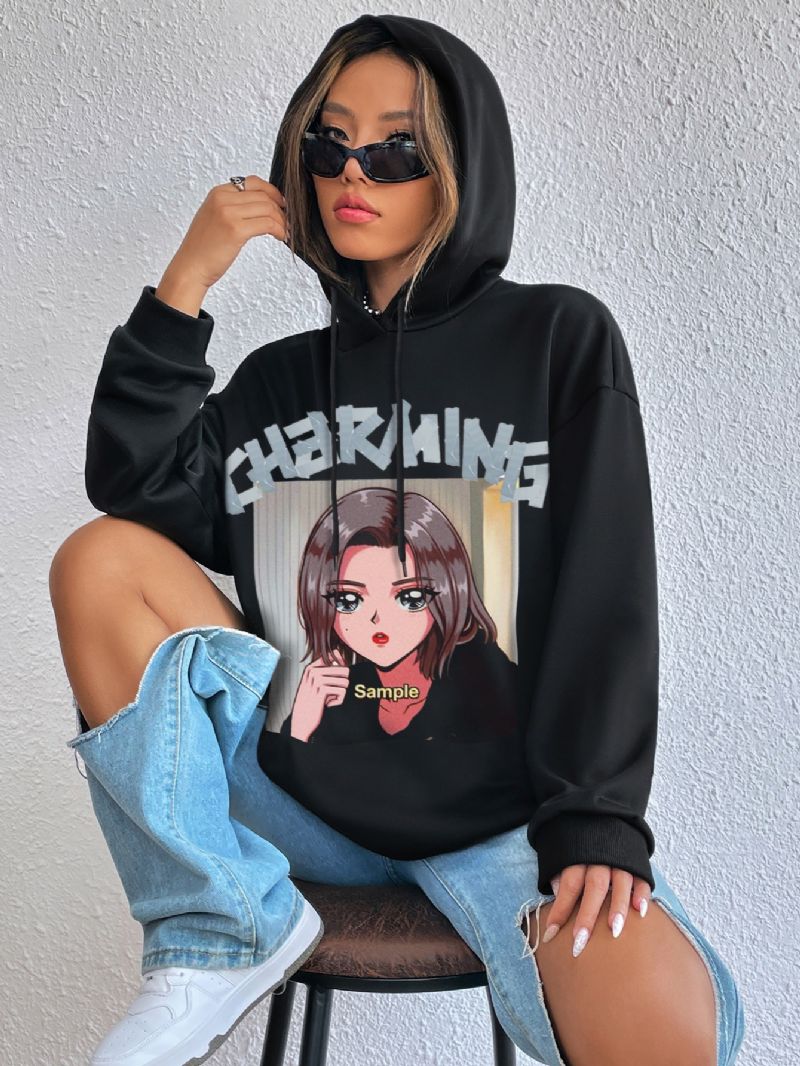 Damesweatshirt Casual Hooded Anime Piger Print Mode Løs Hættetrøje