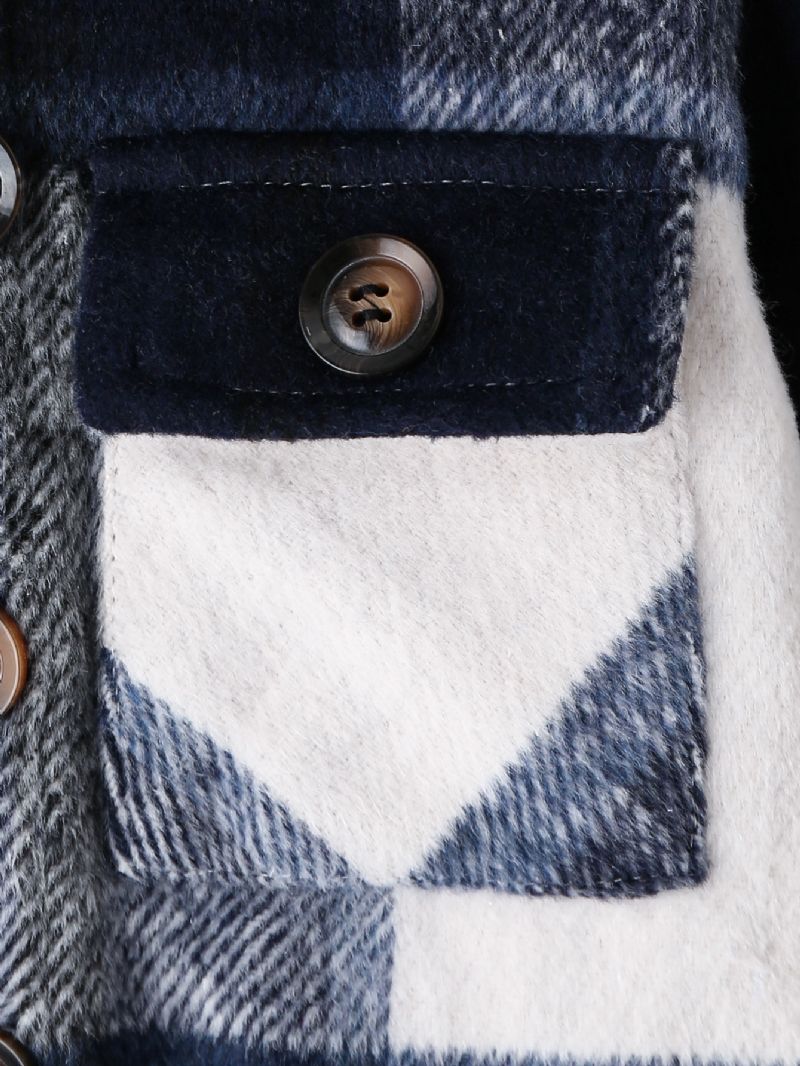 Drenge Afslappet Farveblok Uldblanding Plaid Revers Knapfrakke