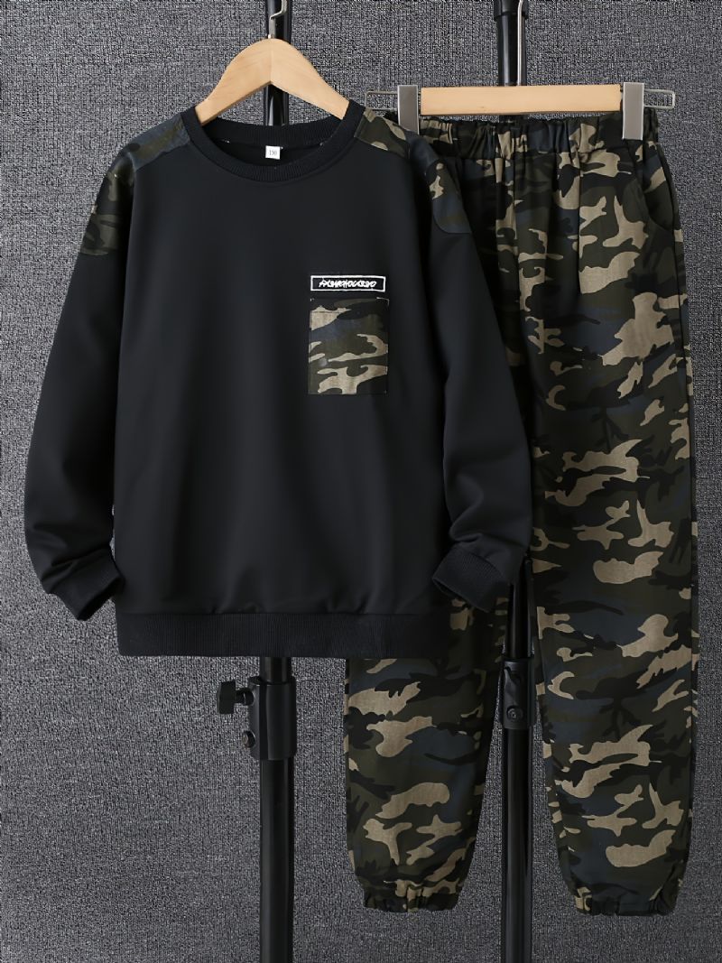 Drenge Camo Print Rund Hals Sweatshirt Leggings Bukser Sæt