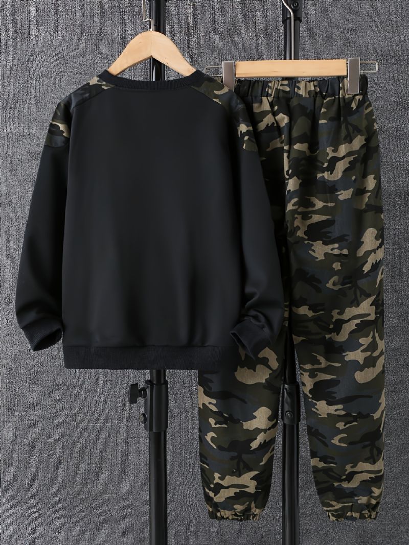 Drenge Camo Print Rund Hals Sweatshirt Leggings Bukser Sæt