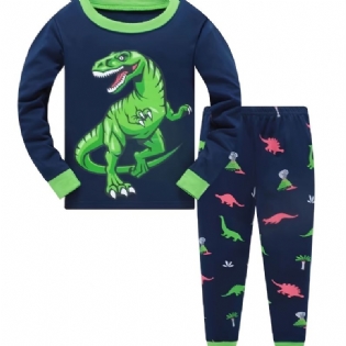 Drenge Casual Pyjamassæt Med Rund Hals Lounge Wear Homewear Langærmet Top Og Matchende Bukser Med Dinosaurprint