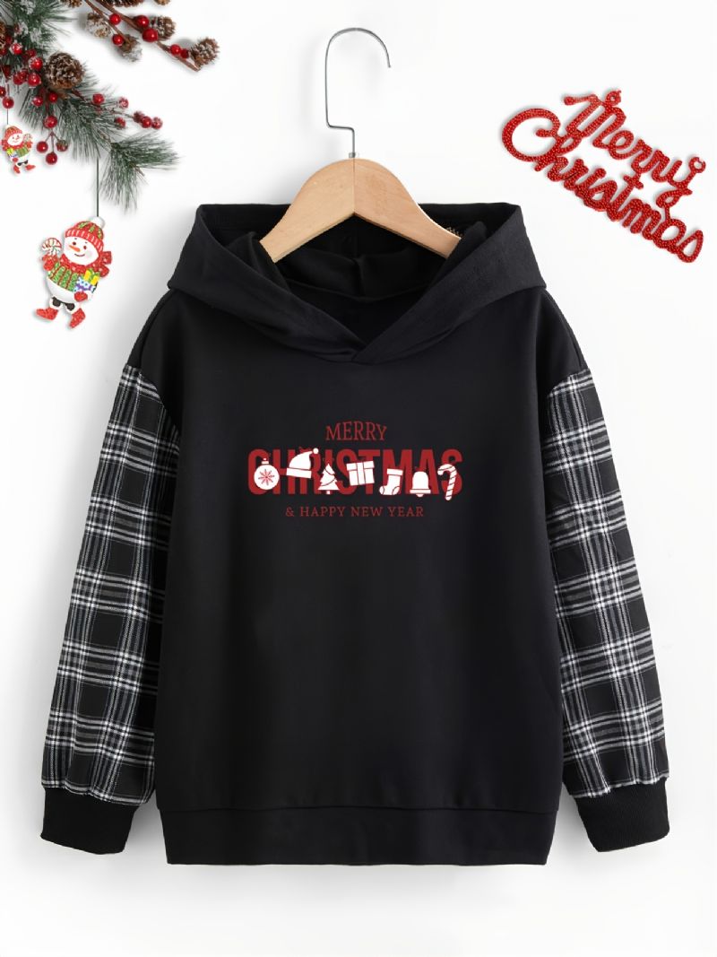 Drenge Sweatshirt Casual Letter Print Plaid Patchwork Langærmet Hættetrøje