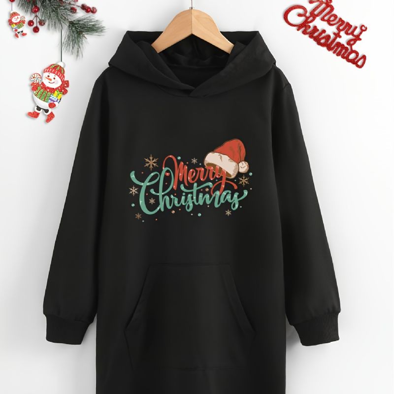 Efterår Vinter Piger Juletrykt Langærmet Hættetrøje Lang Sweatshirt Med Hætte