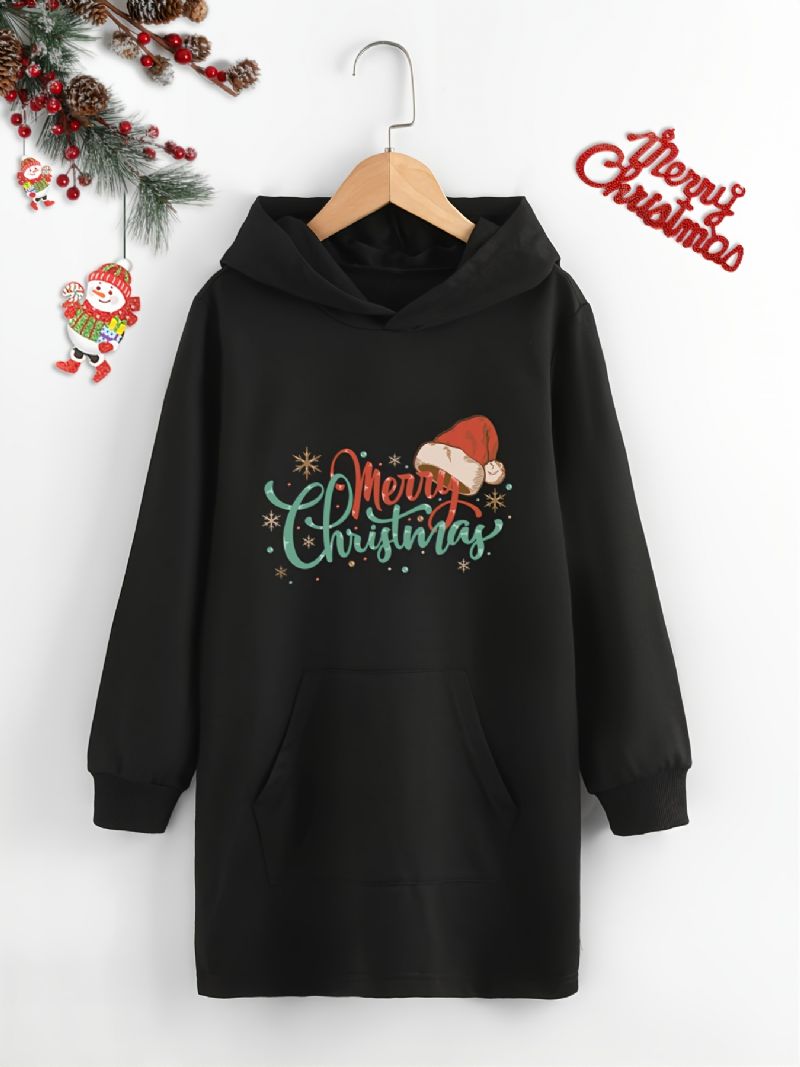 Efterår Vinter Piger Juletrykt Langærmet Hættetrøje Lang Sweatshirt Med Hætte