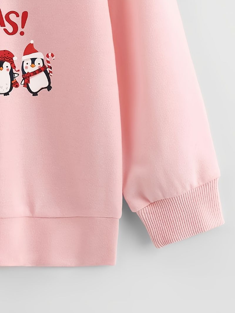 Jul Pige Strikket Tegneserie Jule Pingvin Print Langærmet Rund Hals Sweatshirt