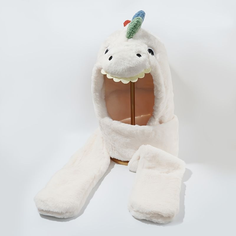 Kvinder Piger Tegneserie Dinosaur Fleece Plys Hatte Handsker Tørklæde 3 I 1 Sæt Vinter Sød Varm Lang Hættetrøje Øreklap Hat