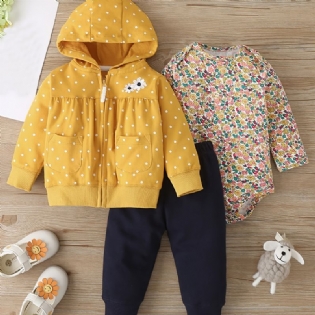 Nyfødte Piger Blomstret Bodysuit & Lange Joggingbukser & Polkaprikkede Blomstermønster Langærmet Hættetrøje Lomme Lynlås Sweatshirt Outfit 3 Stk/sæt