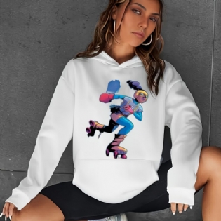 Pige Grafisk Print Solid Hættetrøje Langærmet Afslappet Sweatshirt Til Efterår Og Vinter Dametøj