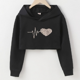 Pige Hættetrøje Leopard Hjerte Print Langærmet Crop Pullover Sweatshirt Børnetøj