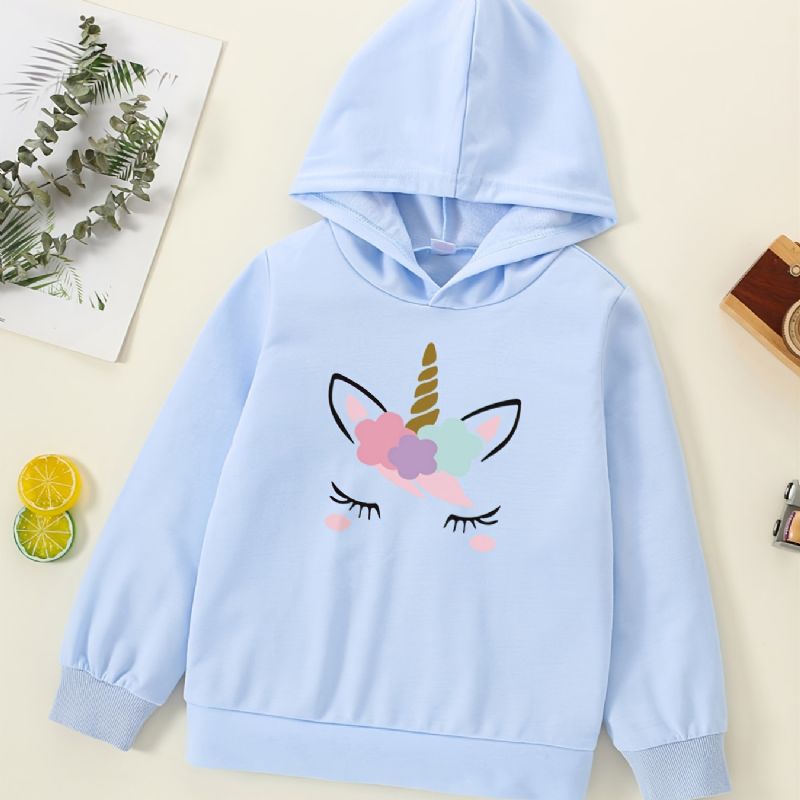 Pige Hættetrøje Sød Enhjørning Print Langærmet Sweatshirt Toppe Efterår Vinter
