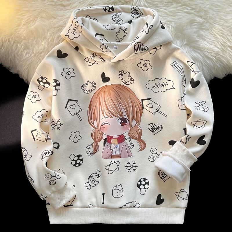 Pige Hættetrøje Tegneserie Små Piger Print Langærmet Plys Varm Trøje Sweatshirt Børnetøj
