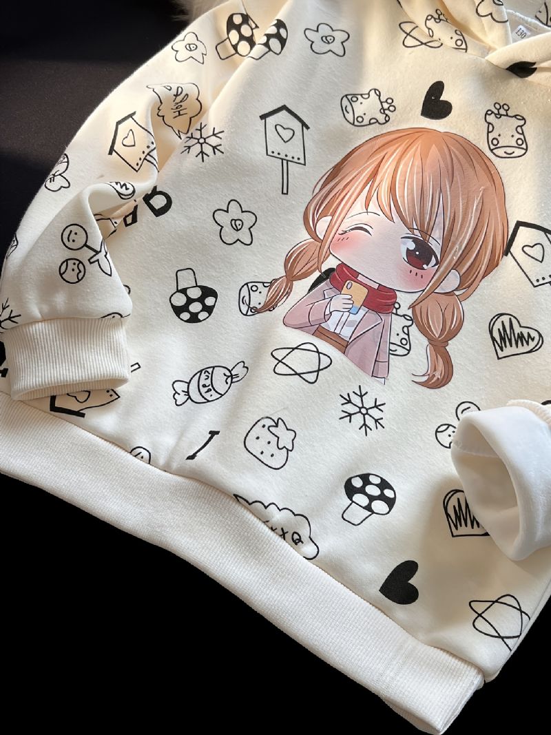 Pige Hættetrøje Tegneserie Små Piger Print Langærmet Plys Varm Trøje Sweatshirt Børnetøj