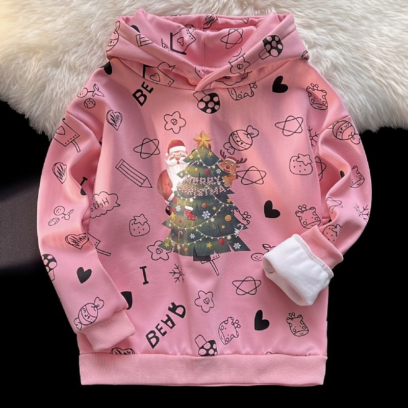 Pige Juletøj Hættetrøje Juletræstryk Langærmet Plys Varm Trøje Sweatshirt Børnetøj